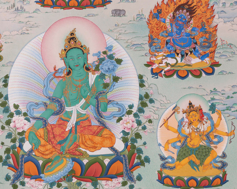 Green Tara with Buddhas and Bodhisattvas | Traditional Tibetan Thangka Print