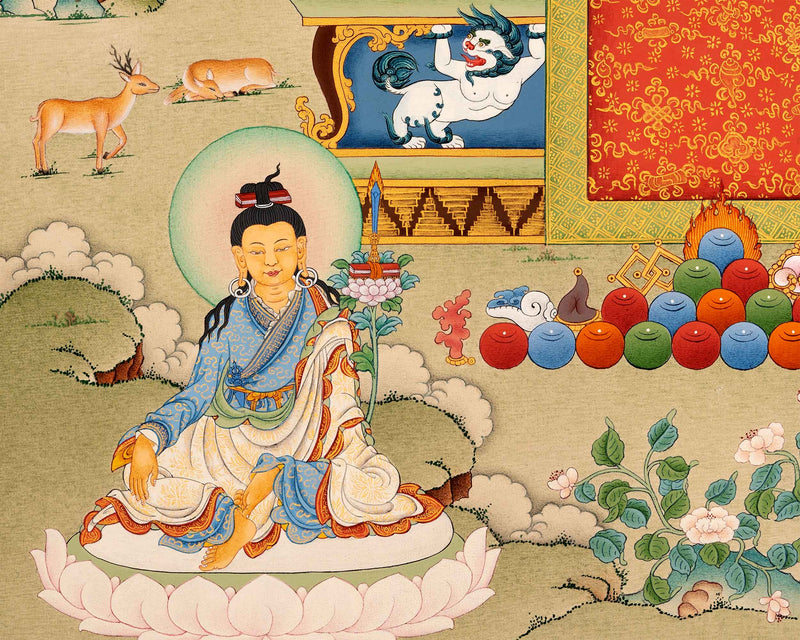 Guru Longchenpa Mantra Thangka With Jigme Lingpa and Vimalamitra | Hand-painted Buddhist Guru Art