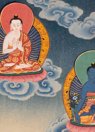 Handpainted Guru Rinpoche Surrounded By Dhyani Buddha Traditional Thangka |  Meditation And Yoga