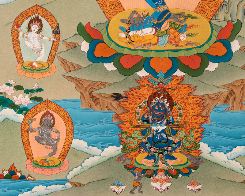 Hevajra with Vajra Nairatmya and the 8 Dakinis, Tibetan Thangka Painting