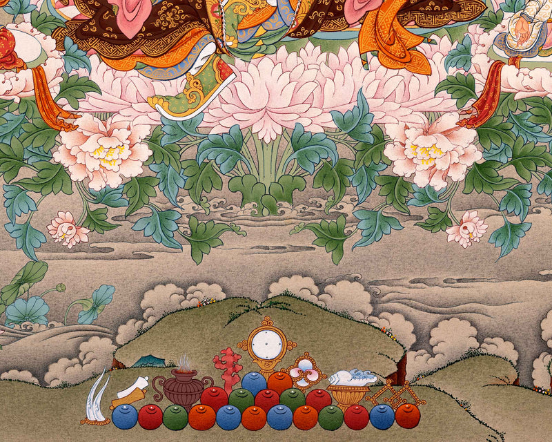 Padmasambhava Painting | Guru Rinpoche with Consorts and Amitabha Buddha