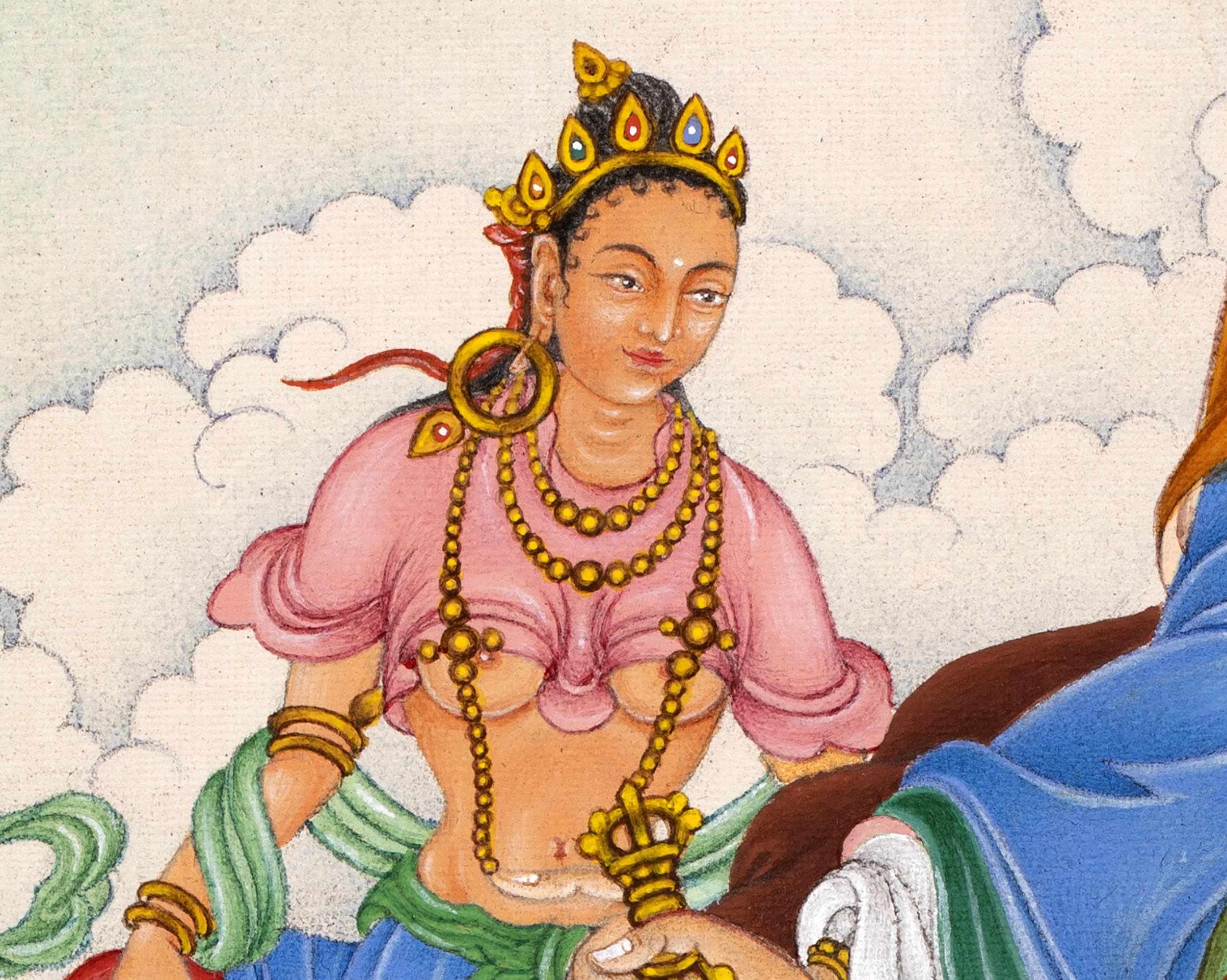 Guru Padmasambhava with Mandarva and Yeshe Tsogyal | Tibetan Thangka Painting