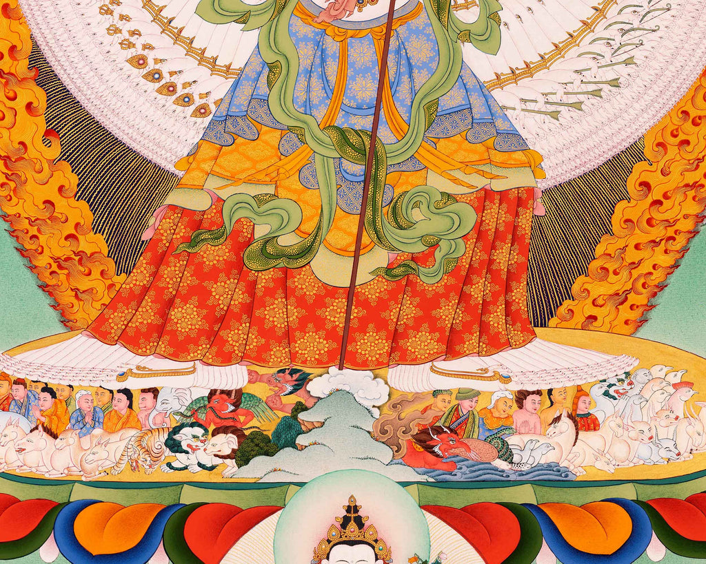 Tarantara Pattern Sitatapatra Thangka Print with Green Tara, White Tara and Chenrezig