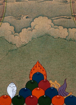 Amitayus With White Tara & Namgyalma | Hand-Painted Thangka For Amitayus Buddha Mantra Practice