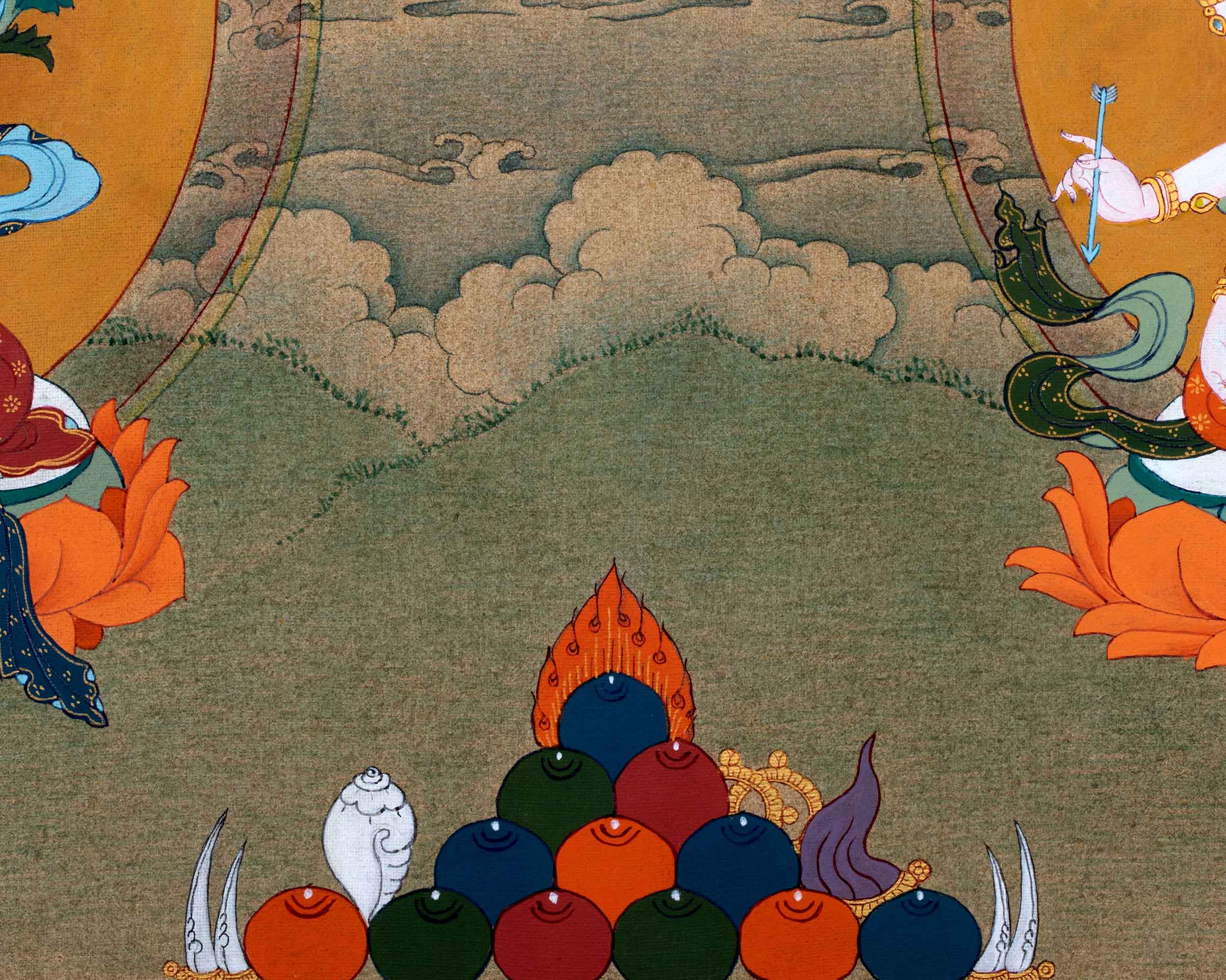 Amitayus With White Tara & Namgyalma | Hand-Painted Thangka For Amitayus Buddha Mantra Practice