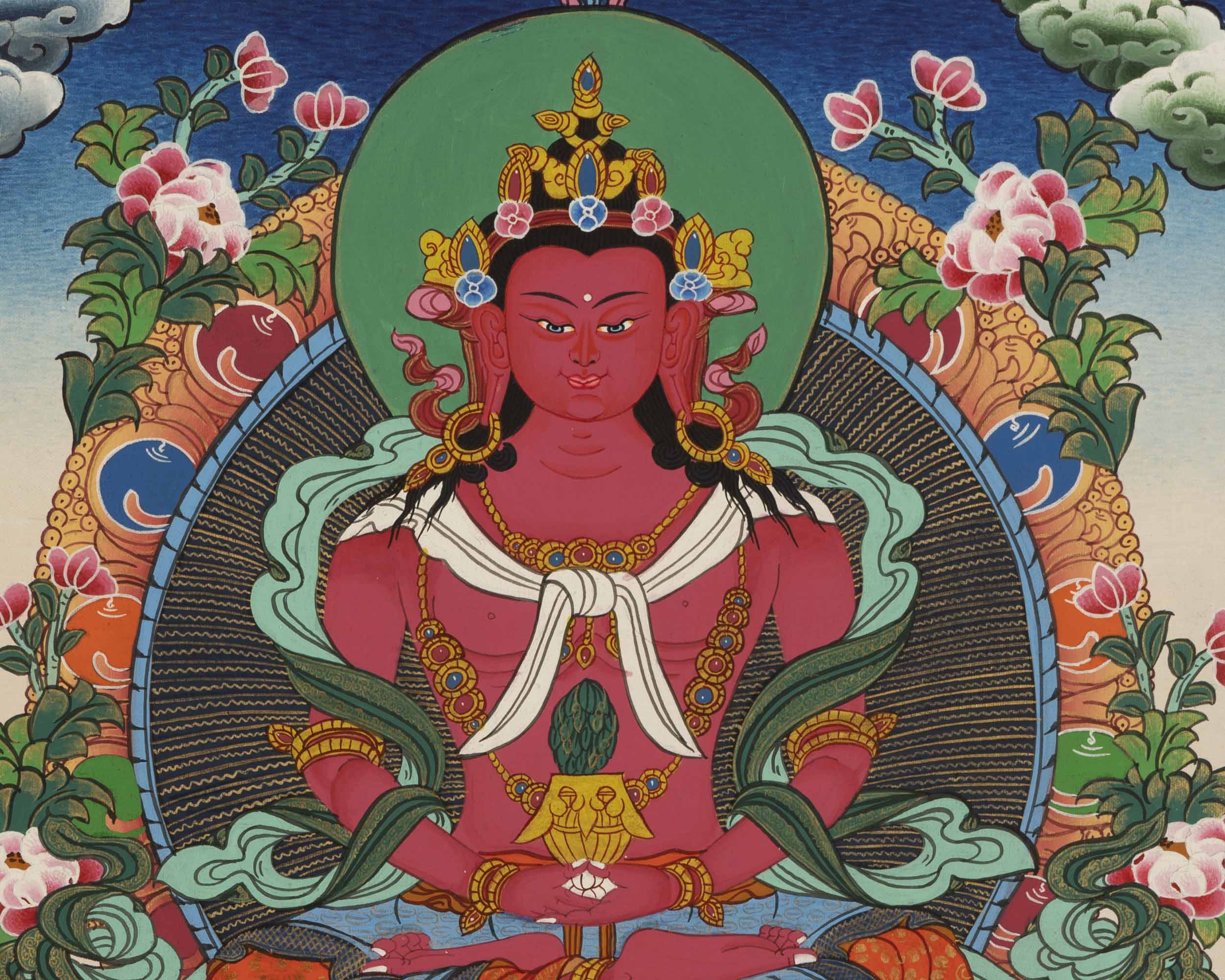 Red Amitayus Buddha Thangka | Tibetan Wall Decoration
