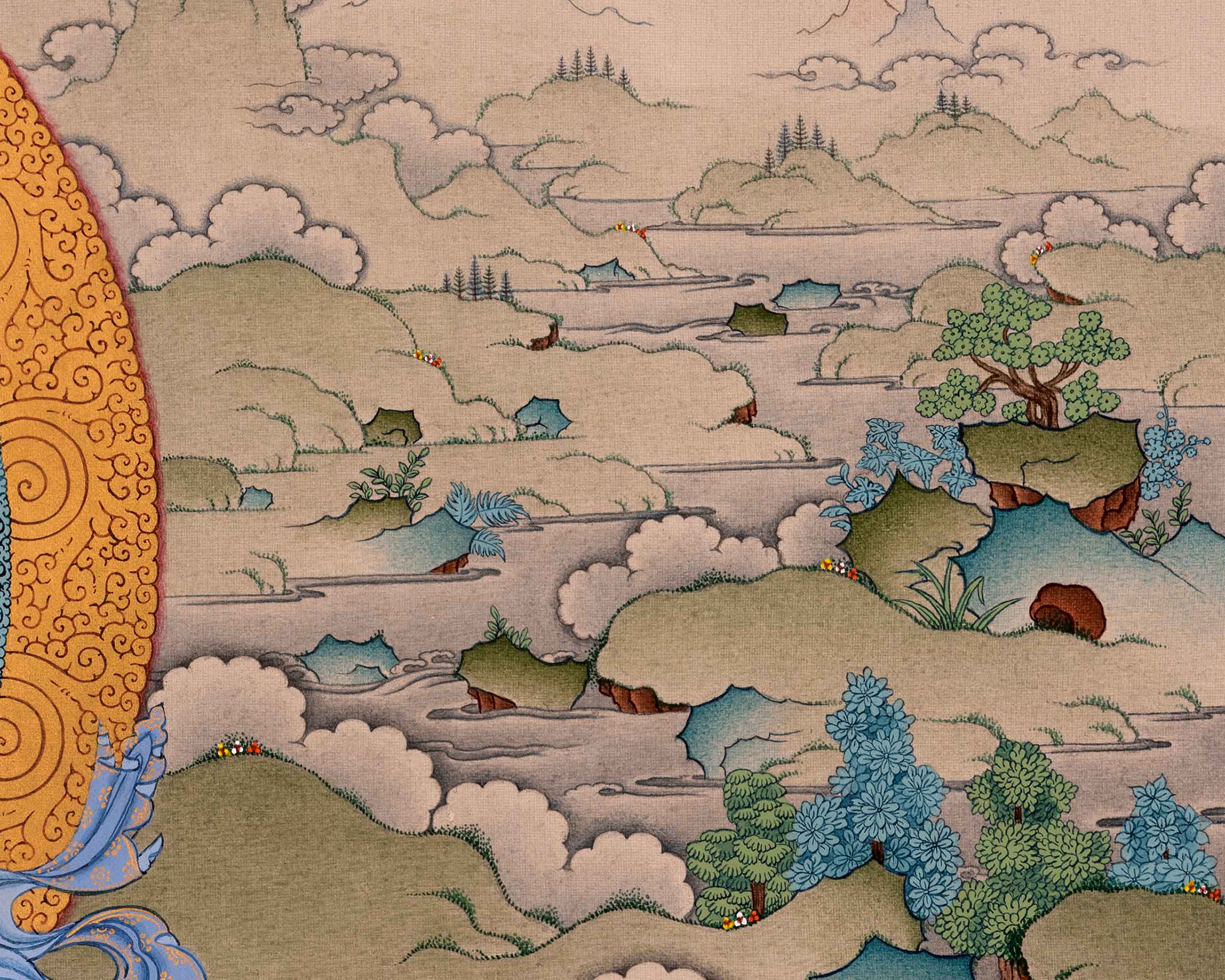 Bodhisattva Thangka | Chenrezig with Vajrapani, Manjushri and Amitabha Buddha