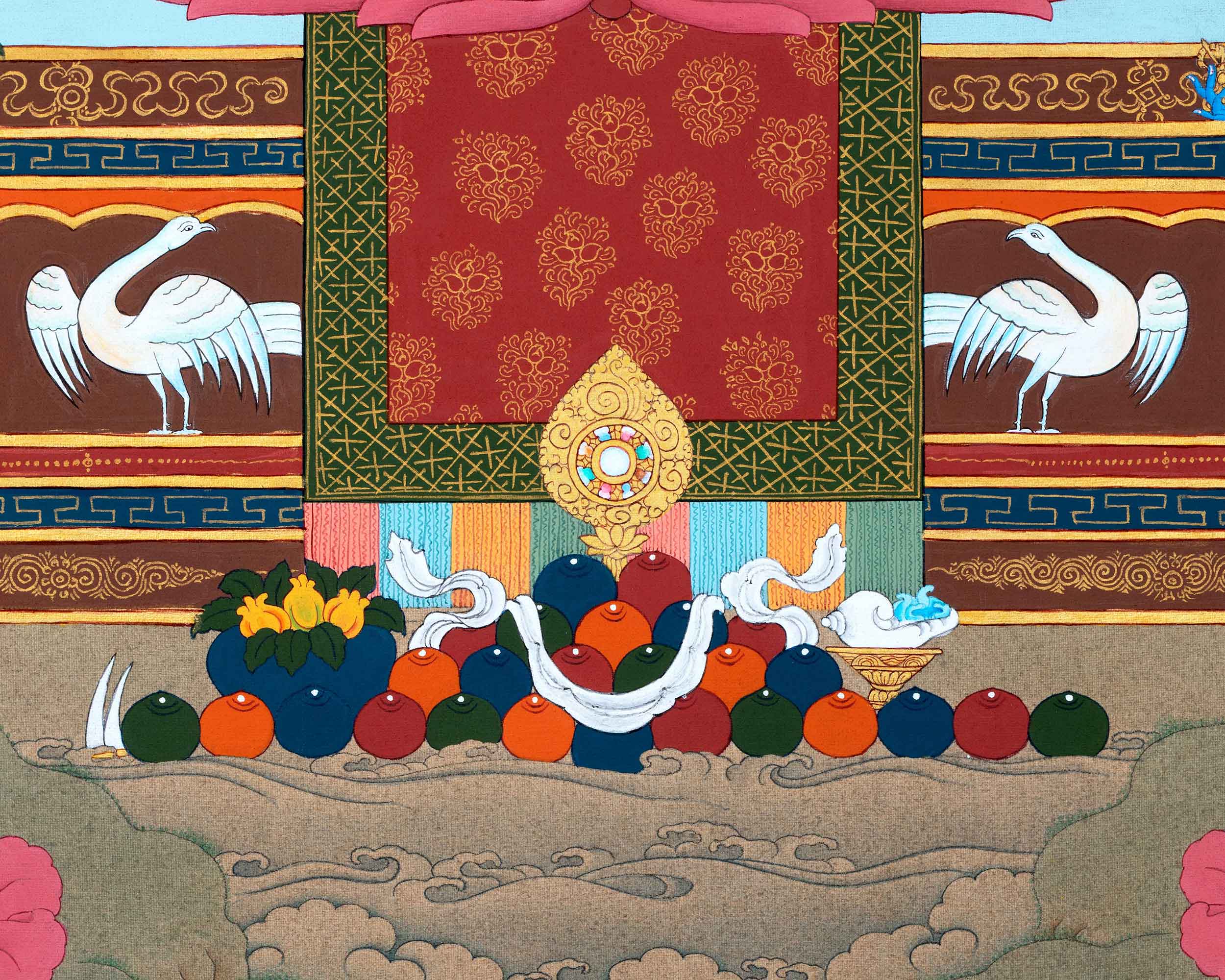 Namo Amitabha Buddha Thangka For Daily Meditation | Traditionally Hand-Painted Art Of Amitabha  With Chenrezig and Vajrapani
