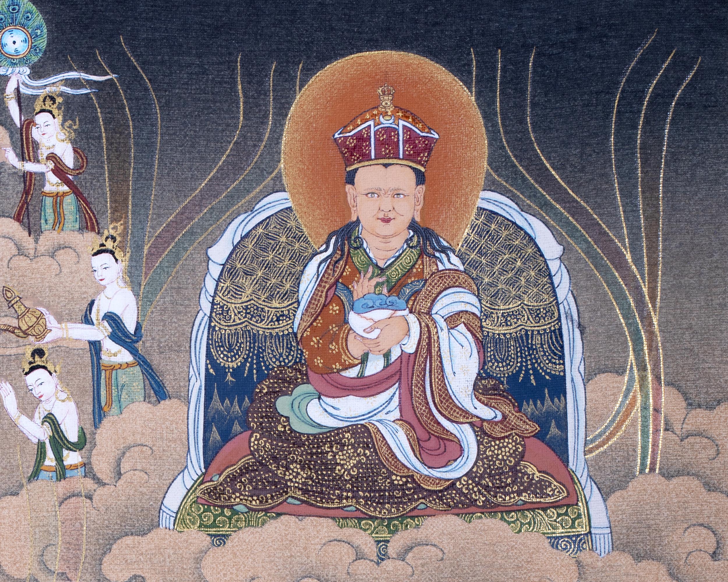 Guru Rinpoche With Guru Norla and Urgen Menla Thangka | Vajrayana Thangka Prints | Buddhist Art