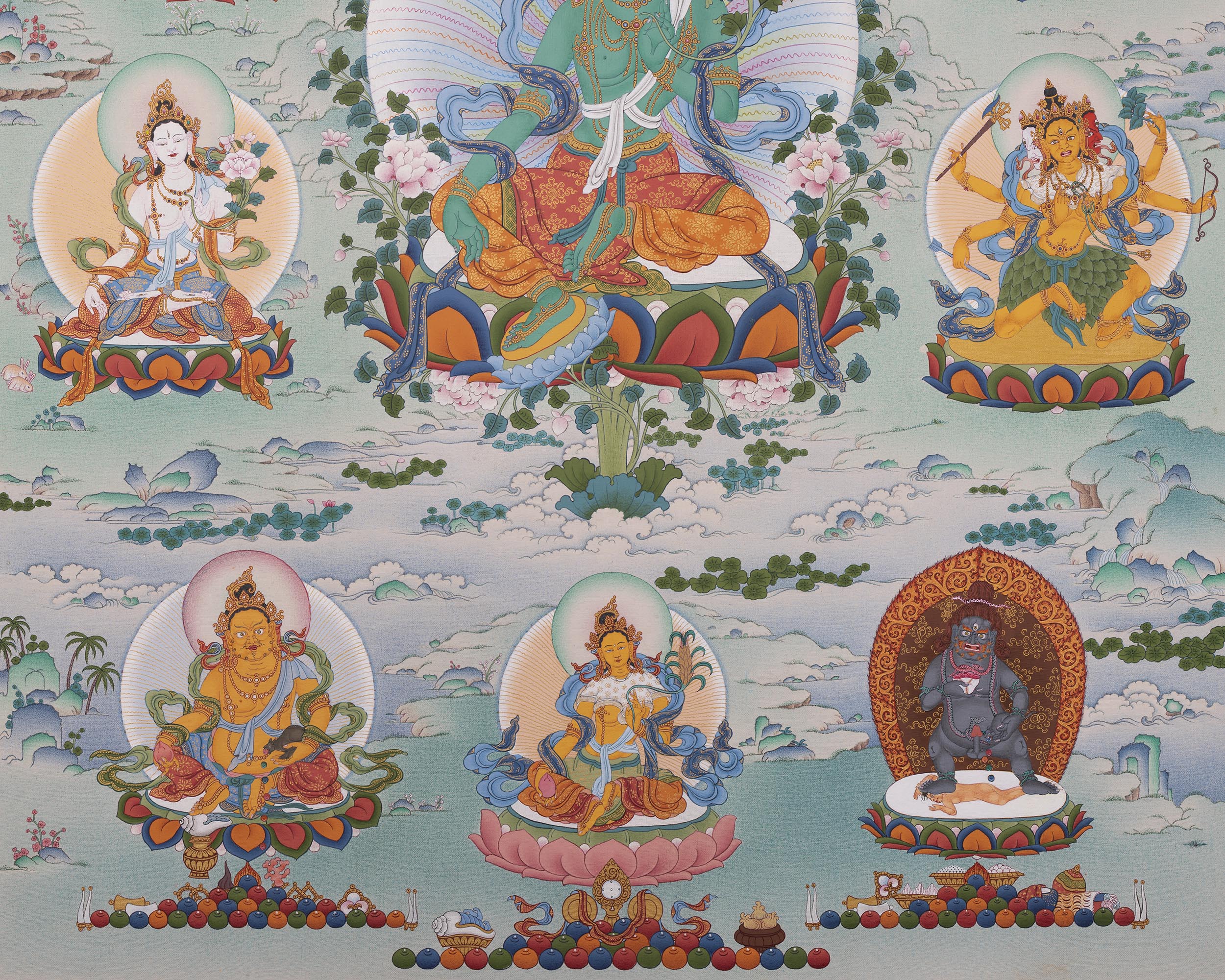 Green Tara with Buddhas and Bodhisattvas | Traditional Tibetan Thangka Print