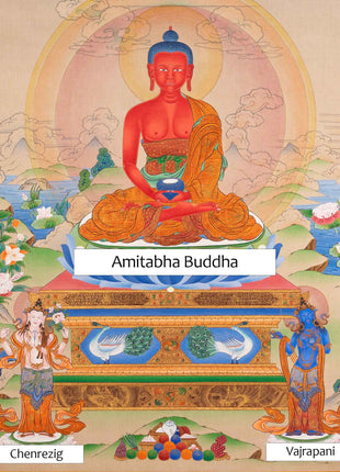 Amitabha Buddha With Chenrezig and Vajrapani Thangka | Traditionally Hand-Painted Art