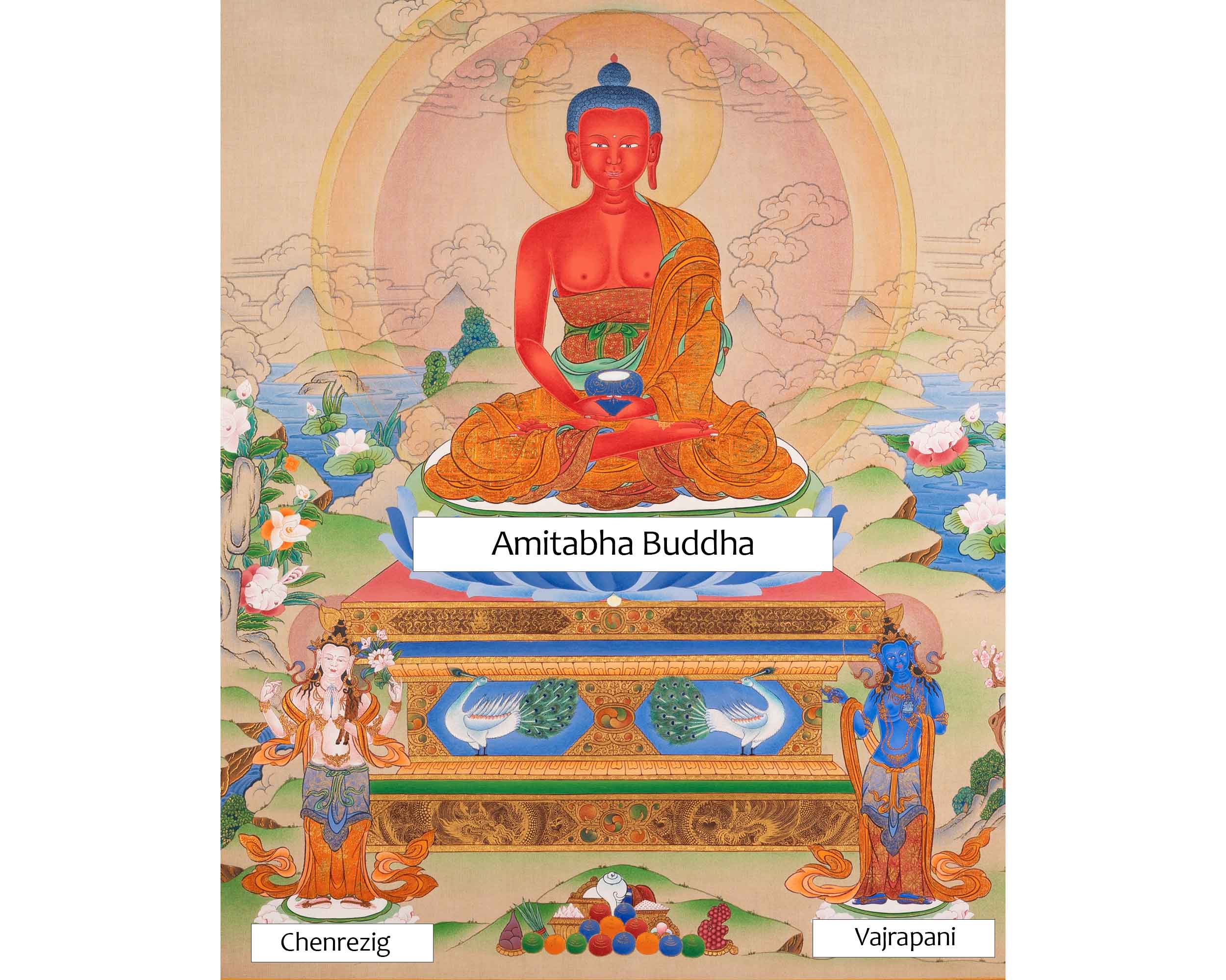 Amitabha Buddha With Chenrezig and Vajrapani Thangka | Traditionally Hand-Painted Art