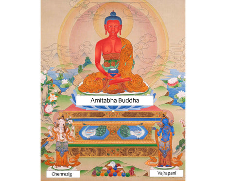 Amitabha Buddha With Chenrezig and Vajrapani Thangka | Traditionally Hand-Painted Art