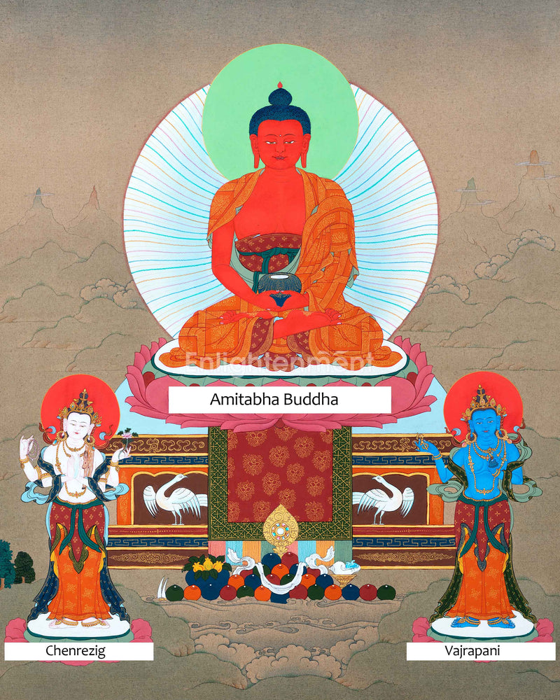 Namo Amitabha Buddha Thangka For Daily Meditation | Traditionally Hand-Painted Art Of Amitabha  With Chenrezig and Vajrapani