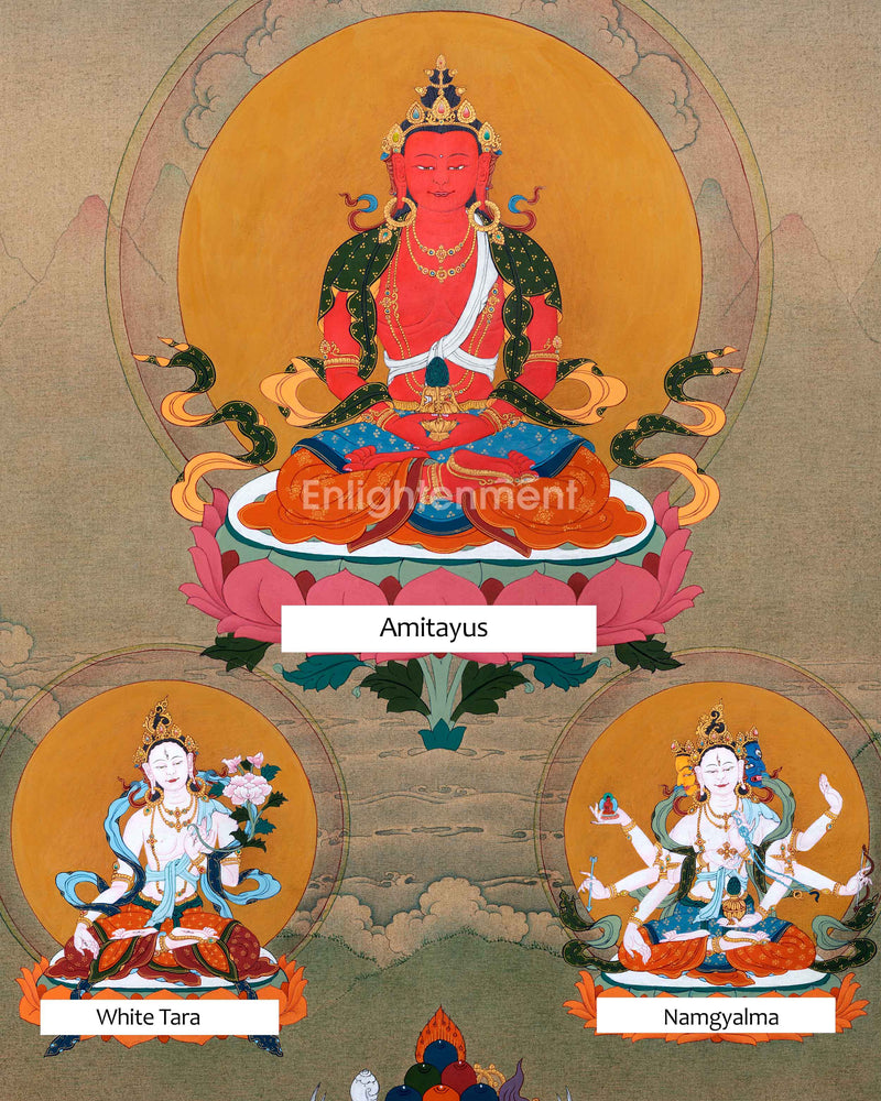 Amitayus With White Tara & Namgyalma | Hand-Painted Thangka For Amitayus Buddha Mantra Practice