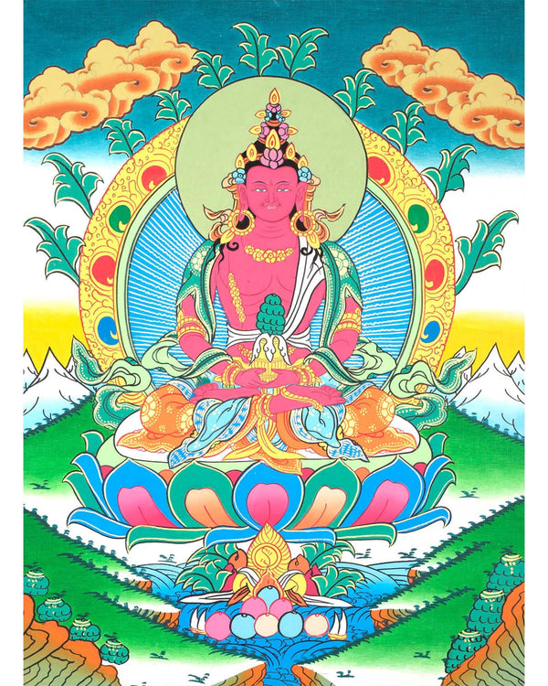 Amitayus Buddha Thangka  | Buddha of Eternal Life | Meditation Canvas Art For Positive Energy and Peace | Wall Hanging