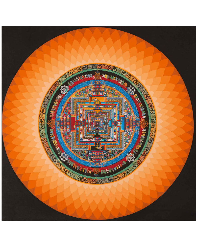 Aura Kalachakra Mandala | Orange Colored Flower Petal Shaped Halo | Handpainted Tibetan Art