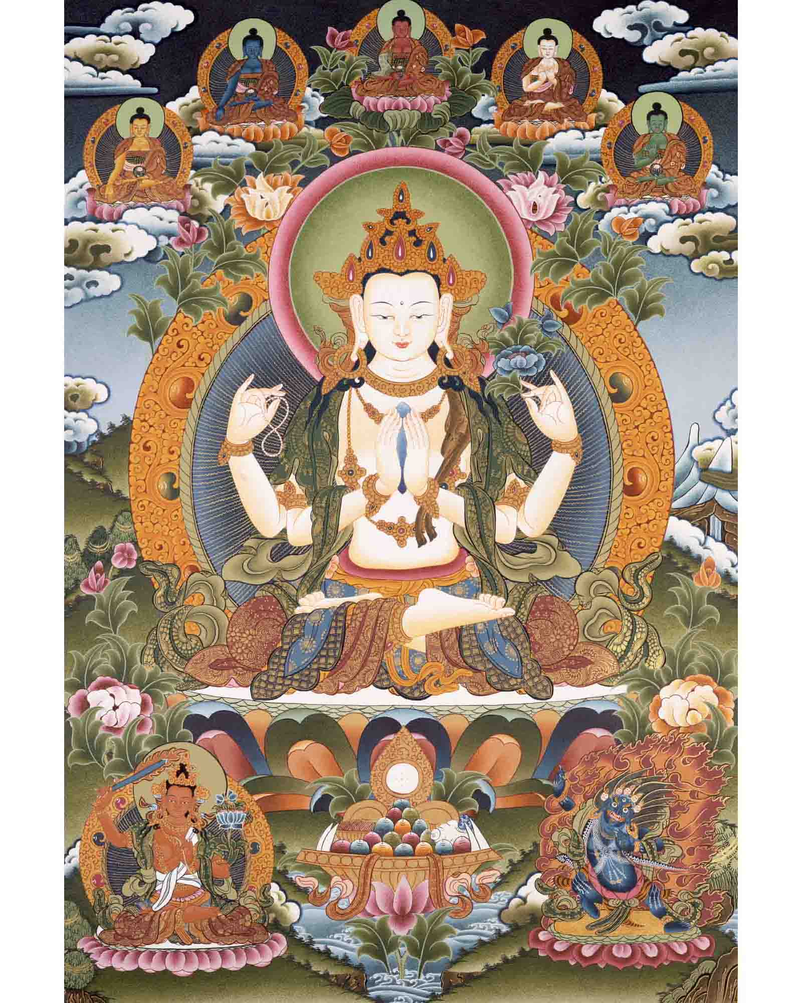 Avalokiteshvara Chengrezig | Wall Hanging Yoga Canvas Thangka