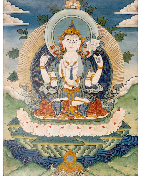 Avalokiteshvara Chengrezig Thangka | Religious Boddhisattva Art | Buddhist Gift