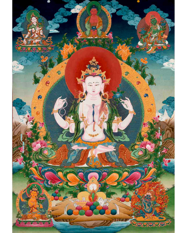 Avalokiteshvara Chengrezig | Traditional Tibetan Thangka | Wall Decors