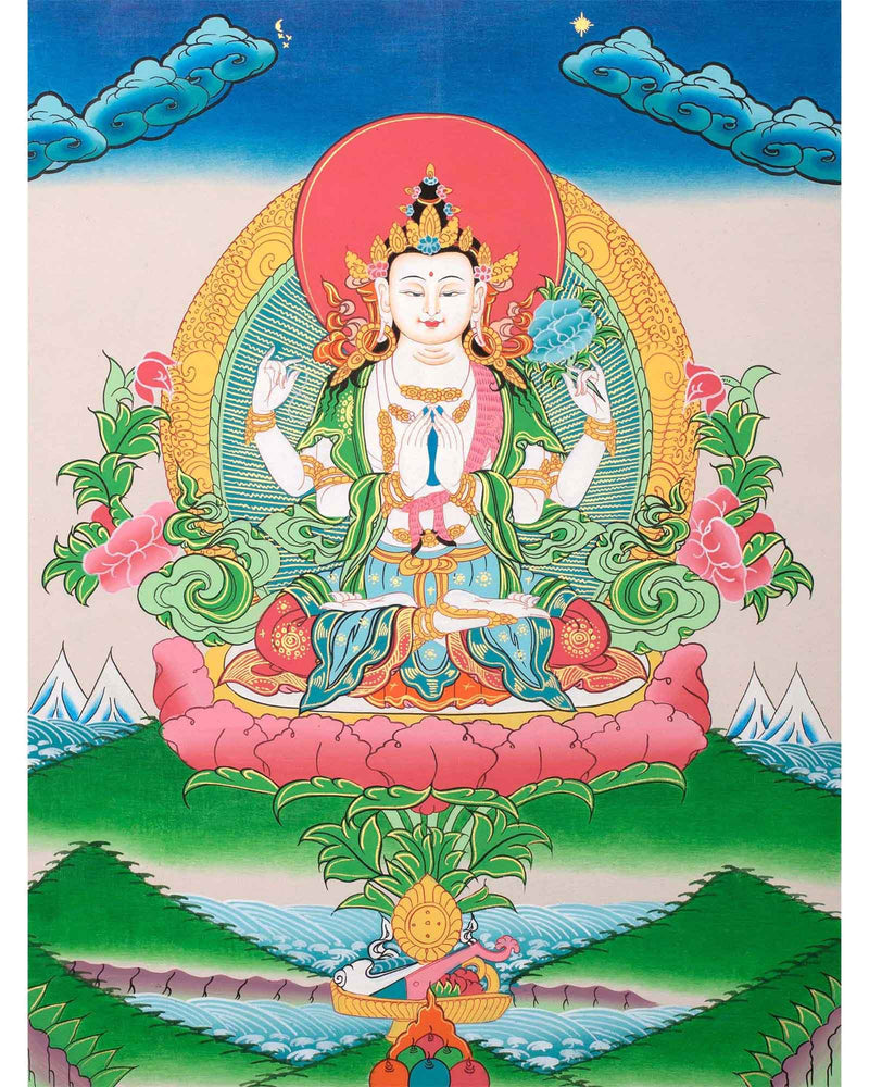 Avalokiteshvara Chenrezig Thangka | Bodhisattva Tibetan Art | Wall Hanging Decor