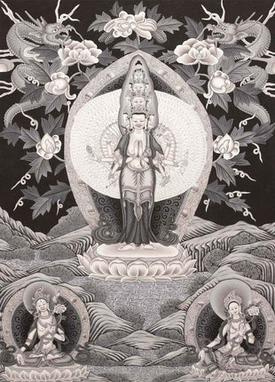 Avalokiteshvara Thangka flanked by Green and White Tara | Original Hand Painted Black & White Newari Style Bodhisattva Thangka