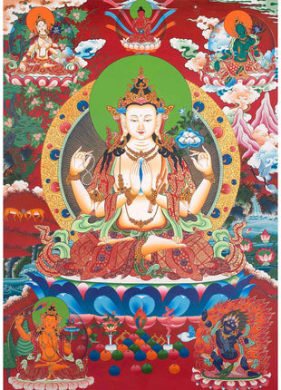 Avalokitesvara Chengrezig Thangka | Flanked by Boddhisattvas Vajrapani and Manjushree | Wall Decors