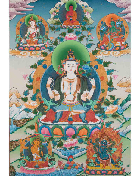 Avalokitesvara Chengrezig Thangka | Traditional Buddhist Paint | Wall Decors