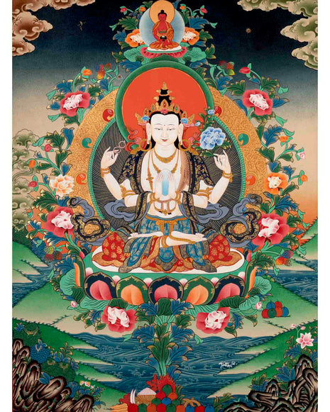 Avalokitesvara Chengrezig Thangka | Religious Buddhist Art | Wall Decors