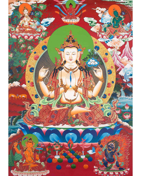 Avalokitesvara Chengrezig Thangka | Flanked by Boddhisattvas Vajrapani and Manjushree | Wall Decors