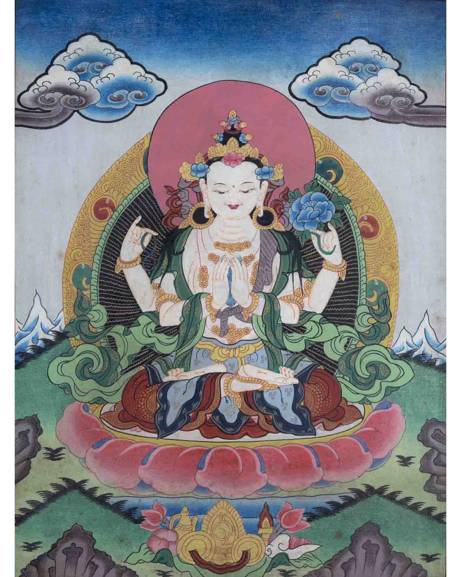 Avalokitesvara Chenresig Thangka | Oil Varnished Painting | Wall Decor