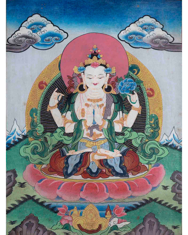 Avalokitesvara Chenresig Thangka | Oil Varnished Painting | Wall Decors