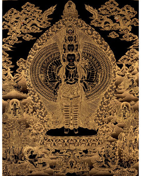 Black Gold 1000Armed Avalokiteshvara | Wall Hanging Thangka