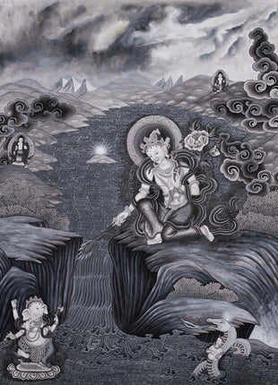 Boddhisattva Manjushree Thangka Creating Kathmandu Valley With The Self Born Light Swayambhu | Newari Style Black And White Wall Deco Art