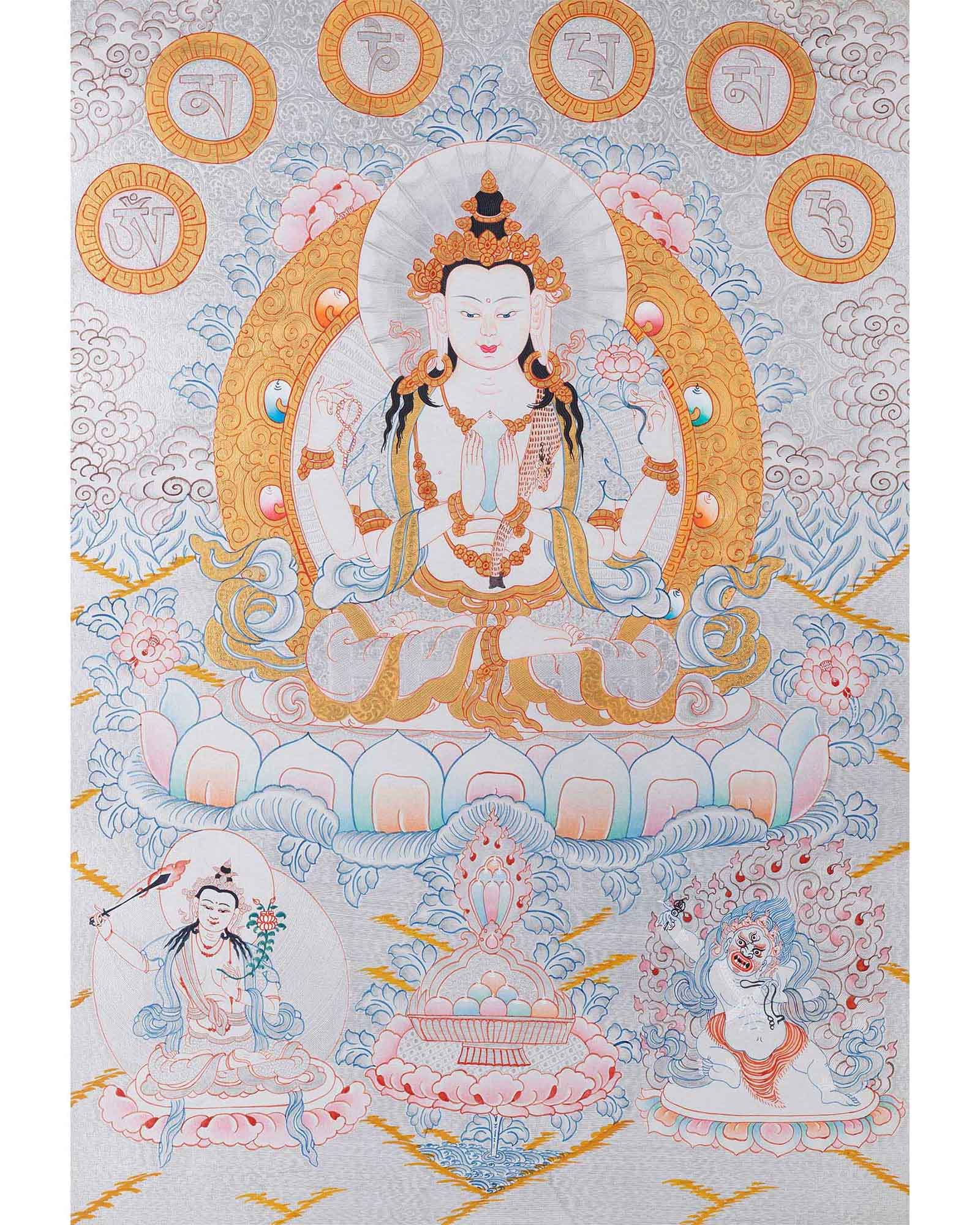 Bodhisattva Chenrezig | 4 Armed Chengrezig Thangka Painting with Om Mani Padme Hum Mantra