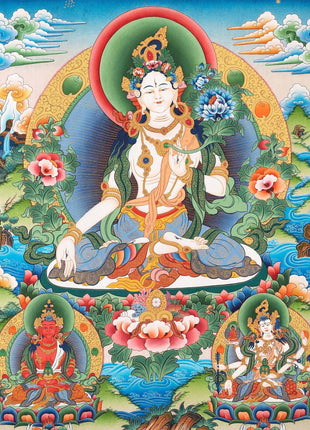 Bodhisattva with White Tara Thangka  | Cotton Canvas Art