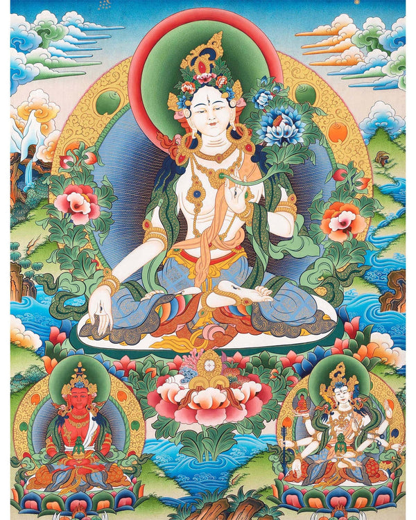 Bodhisattva with White Tara Thangka  | Cotton Canvas Art