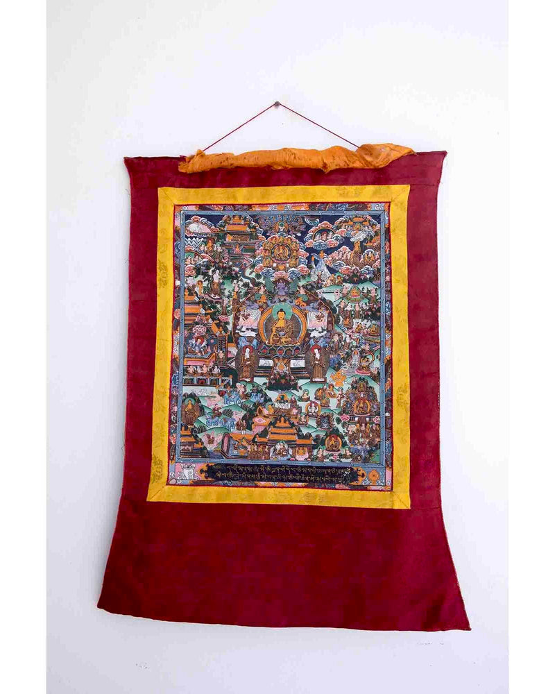 Vintage Buddha Life Story Thangka With Brocade