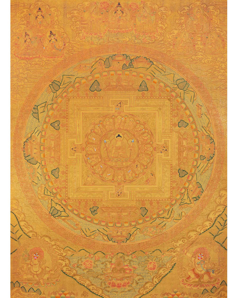 Shakyamuni Buddha Mandala Thangka with Pure 24k Golden  Embellishment | Wall Hanging Yoga Meditation Canvas Art | Spiritual Gift Idea