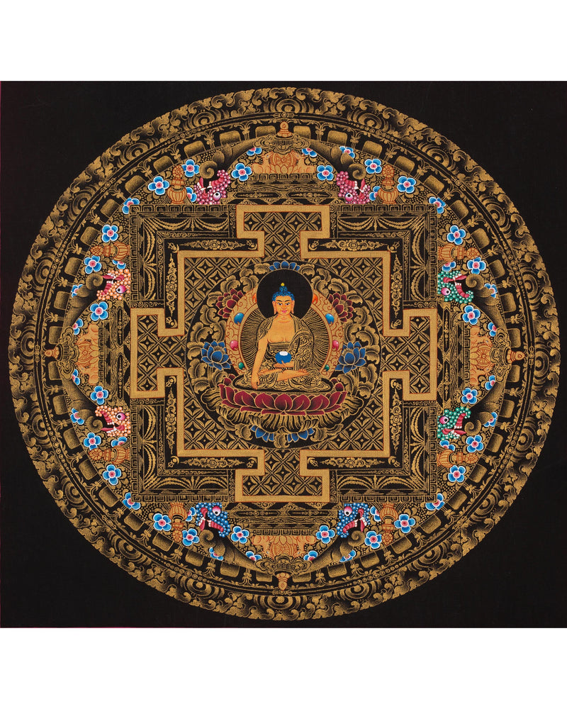 Full 24K Gold Style Shakyamuni Buddha Mandala Thangka | Wall Hanging Yoga Meditation Art