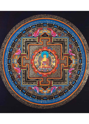 Buddha Shakyamuni Mandala Thangka Painting | Himalayan Buddhist Art  of Buddha On Lotus Throne  | 24 K Gold Work On Black  Base Color