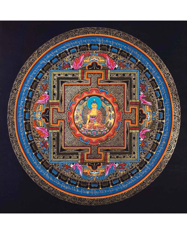 Buddha Shakyamuni Mandala Thangka Painting | Himalayan Buddhist Art  of Buddha On Lotus Throne  | 24 K Gold Work On Black  Base Color