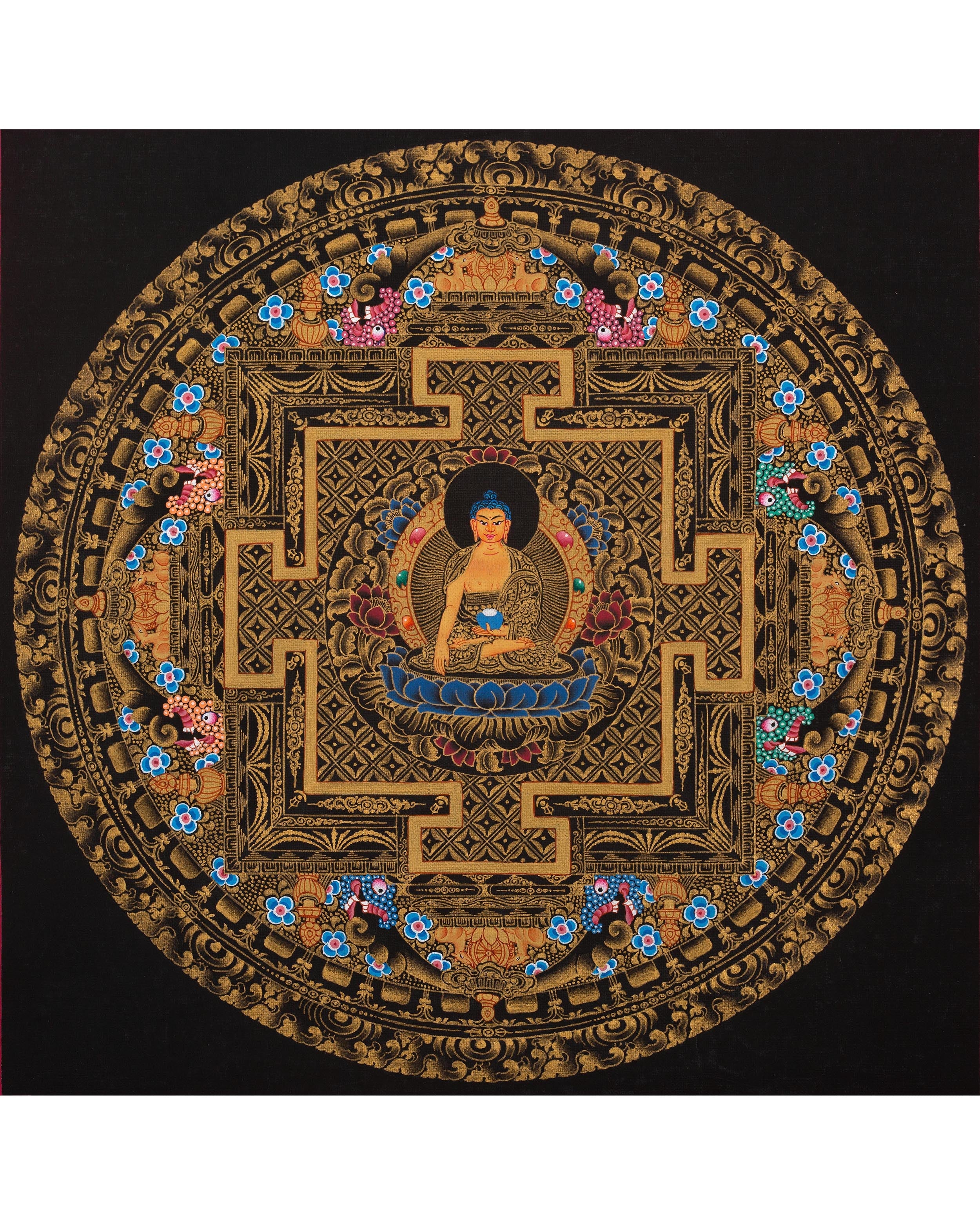 Full 24K Gold Style Shakyamuni Buddha Mandala Thangka | Wall Hanging Yoga Meditation Art