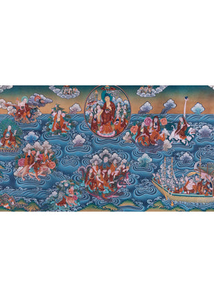 Buddha with 16 Arthats Thangka | Original Hand Painted Tibetan Wall hanging Decoration for Peace | Landscape Art