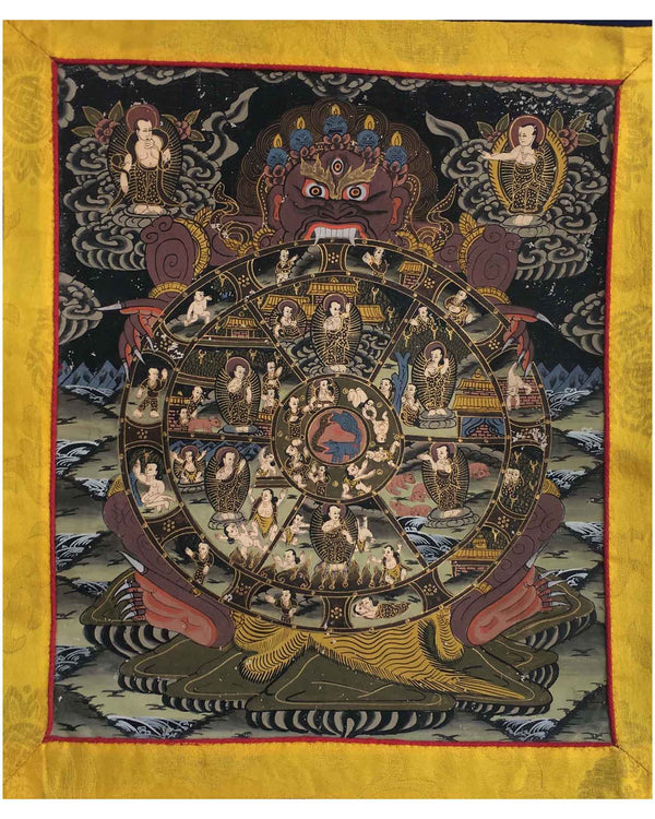 Buddhist Bhavachakra Thangka | Brocade Mounted Thangka | Wall Hanging Decoration