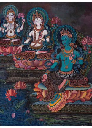 Handpainted Boddhisattvas Thangka | Chenrezig, White, and Green Tara |  Artwork