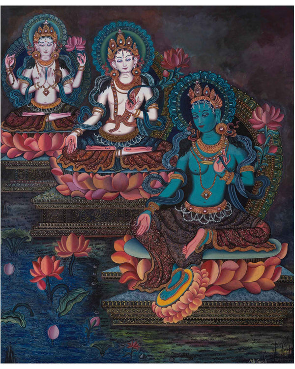 Handpainted Boddhisattvas Thangka | Chenrezig, White, and Green Tara |  Artwork
