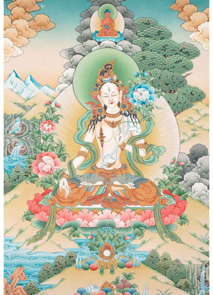 Buddhist Diety White Tara Thangka | Wall Hanging Yoga Art | Religious Gift Ideas