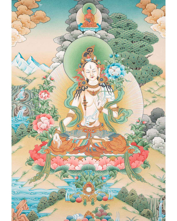 Buddhist Diety White Tara Thangka | Wall Hanging Yoga Art | Religious Gift Ideas