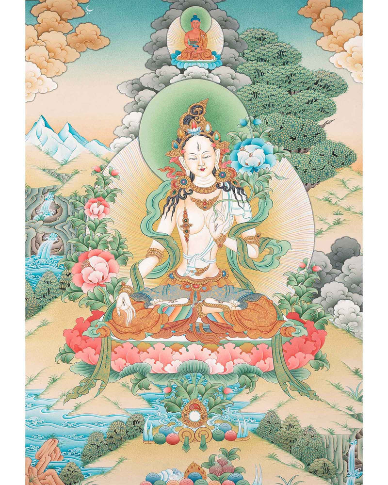 Buddhist Diety White Tara Thangka | Wall Hanging Yoga Art | Religious Gift Ideas